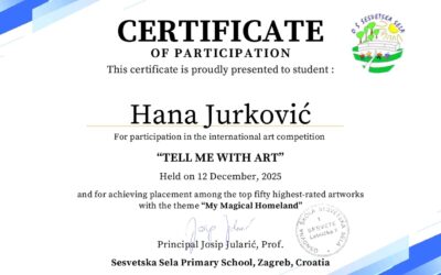 Uspjeh učenice 7. A razreda na međunarodnom likovnom natječaju „Tell Me With Art“